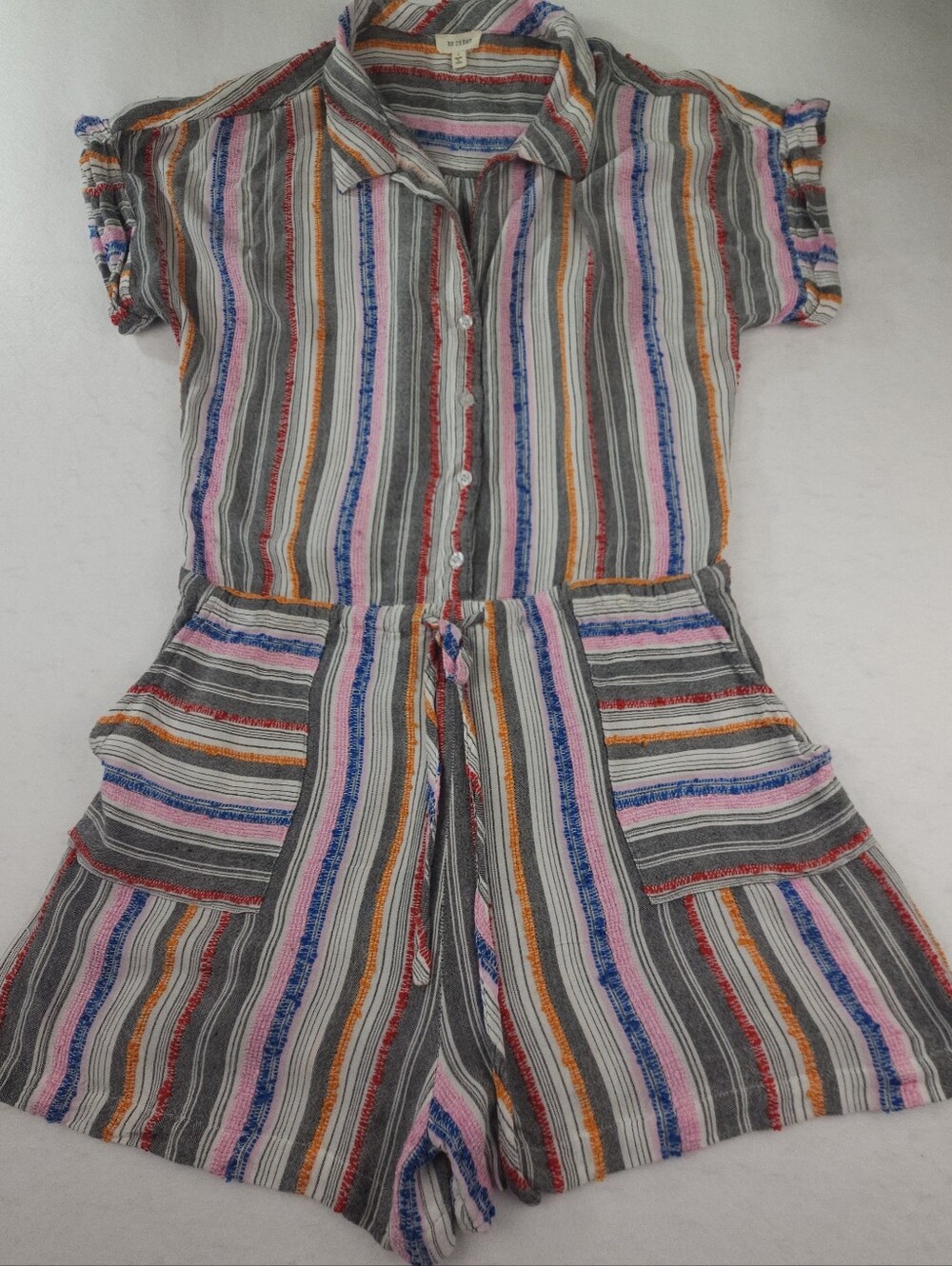 En Creme Striped Multicolor Button Front Lighweight Romper Beachy Boho Size L